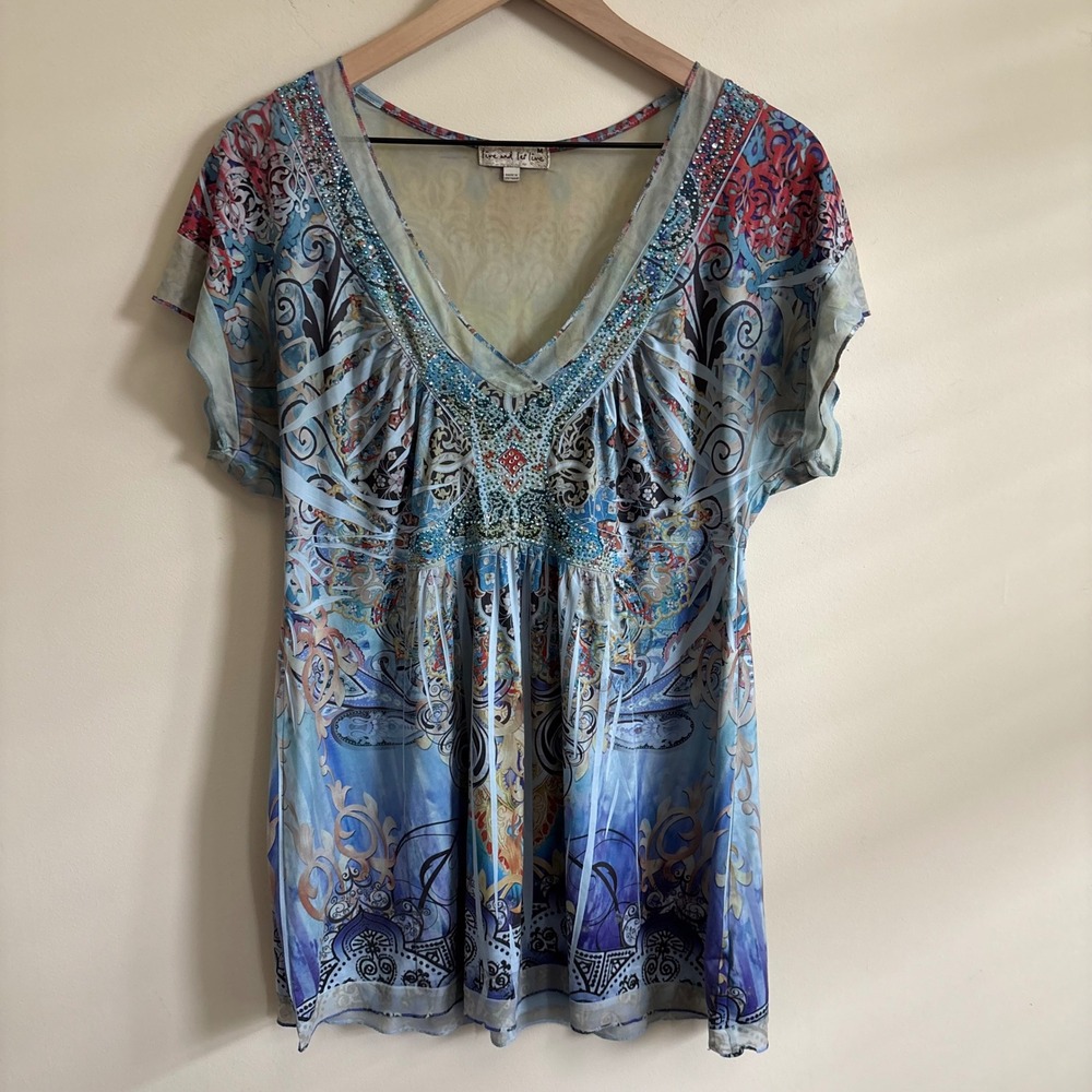 Live and Let Live Blue Paisley Rhinestone Mesh Empire Waist Top Medium